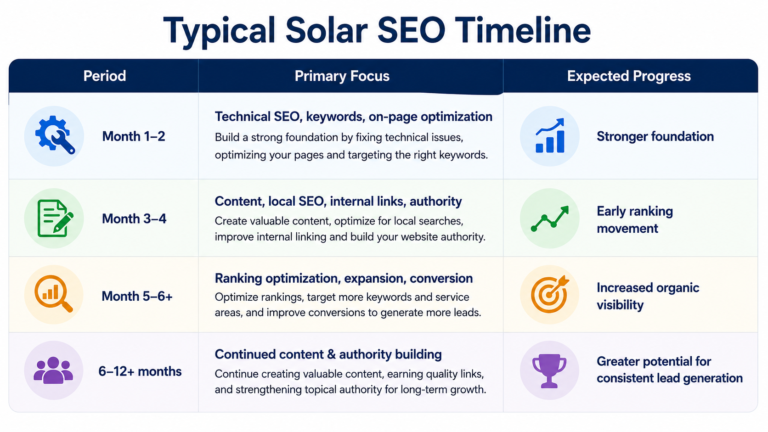 Typical solar SEO timeline showing key SEO activities and expected progress from months 1–2 through 6–12+ months