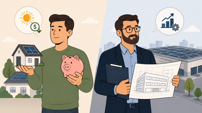 Illustration comparing residential and commercial solar SEO strategies, featuring a homeowner with a solar-powered house and a business professional with a commercial solar building plan.