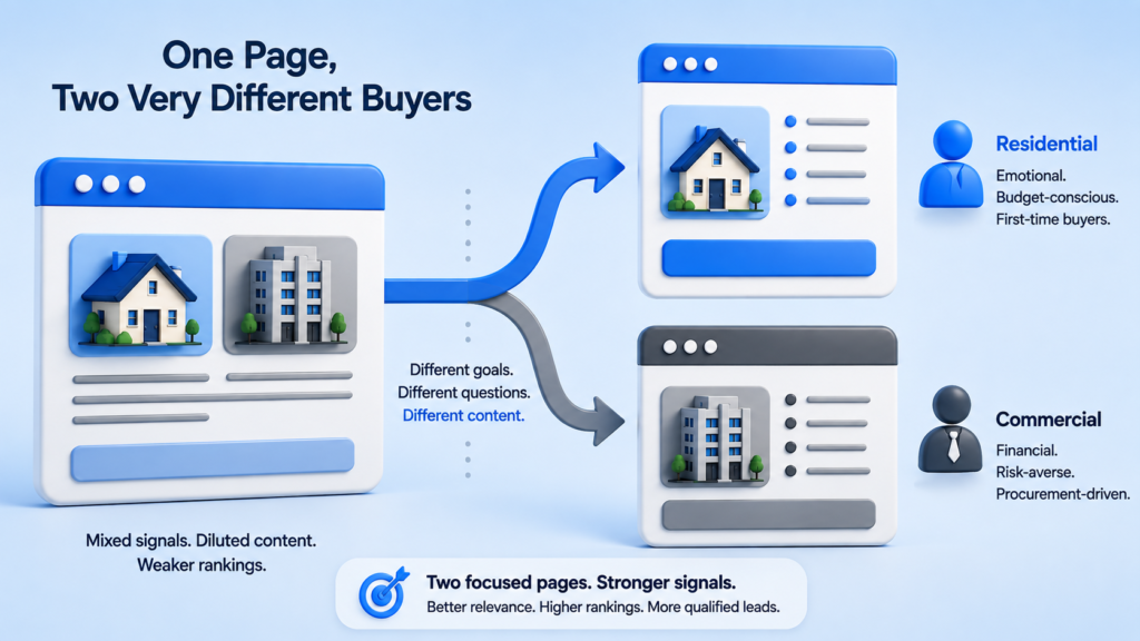 Infographic showing how residential and commercial solar buyers have different needs and why separate SEO pages can improve relevance, rankings, and qualified leads.