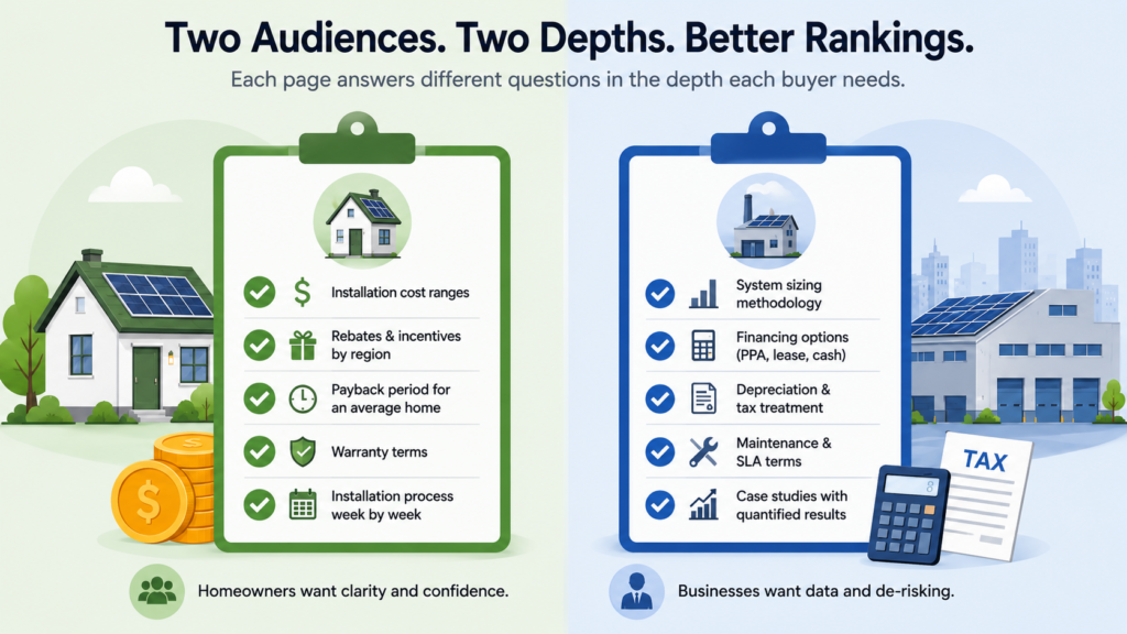 Infographic comparing residential and commercial solar SEO content, showing homeowner needs such as costs, rebates, payback, and warranties alongside business needs such as system sizing, financing, tax treatment, maintenance, and case studies