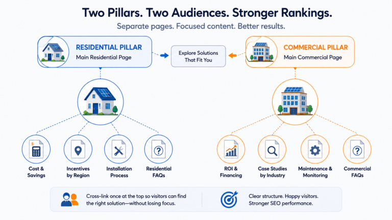 Infographic showing separate residential and commercial solar SEO content pillars with dedicated pages, supporting topics, internal links, and focused content strategies.