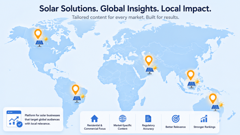 World map infographic showing a global solar SEO strategy with market-specific content, residential and commercial focus, regulatory accuracy, and localized search relevance