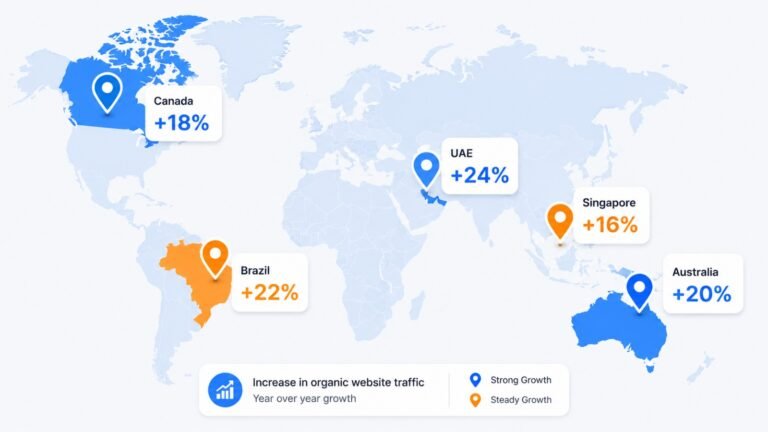 World map highlighting organic website traffic growth in Canada, Brazil, UAE, Singapore, and Australia, with increases ranging from 16% to 24%.