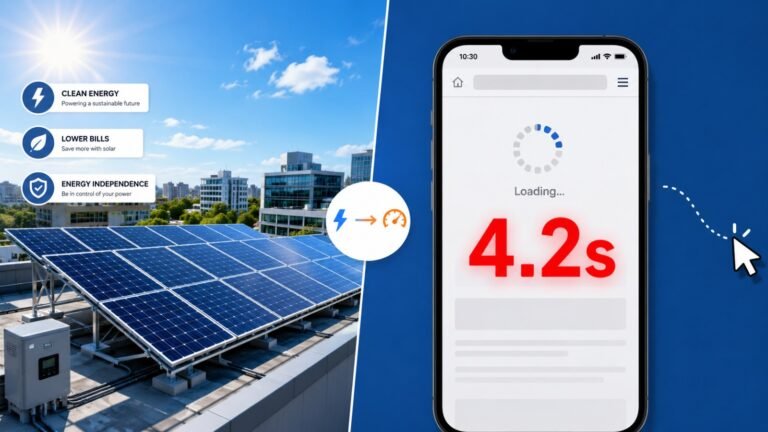 Rooftop solar panels beside a smartphone displaying a 4.2-second loading time, with labels highlighting clean energy, lower bills, and energy independence.