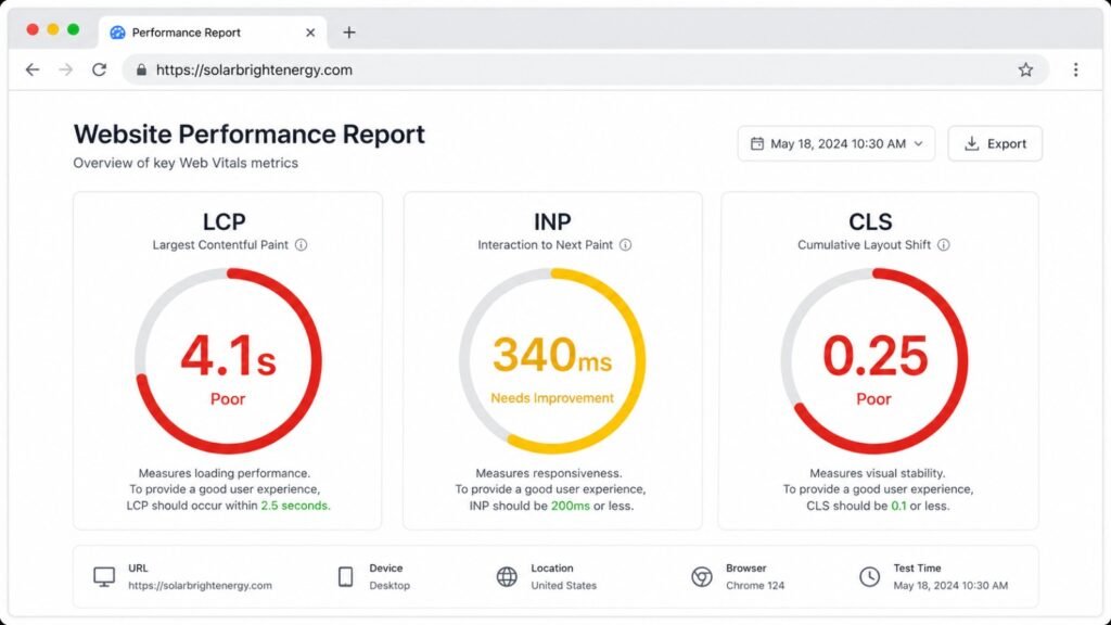 Website performance report showing Core Web Vitals with an LCP of 4.1 seconds rated poor, INP of 340 milliseconds needing improvement, and CLS of 0.25 rated poor.