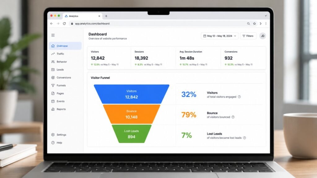 Laptop displaying a website analytics dashboard with visitor, session, engagement, and conversion metrics alongside a visitor funnel showing bounce and lost-lead rates.