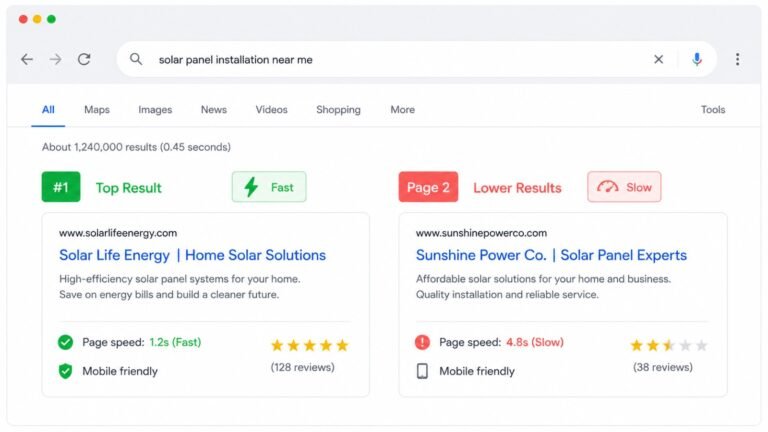 Search results for “solar panel installation near me,” comparing a fast top result with a 1.2-second page speed against a slower page-two result with a 4.8-second page speed.