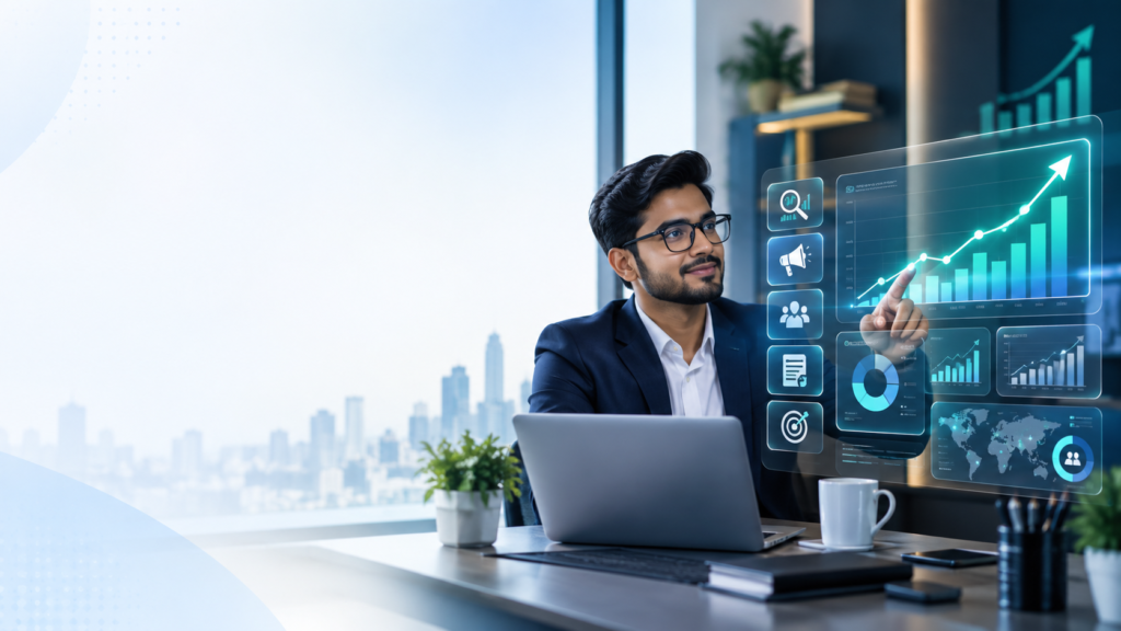 Digital marketing strategist analyzing business growth and SEO analytics dashboard