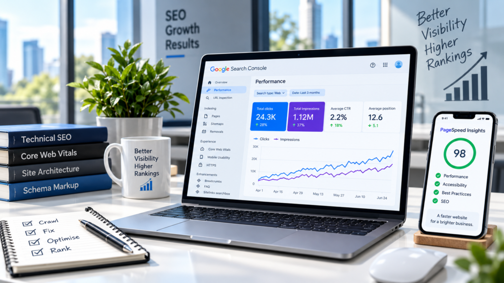 Technical SEO Services dashboard showing search performance and Core Web Vitals