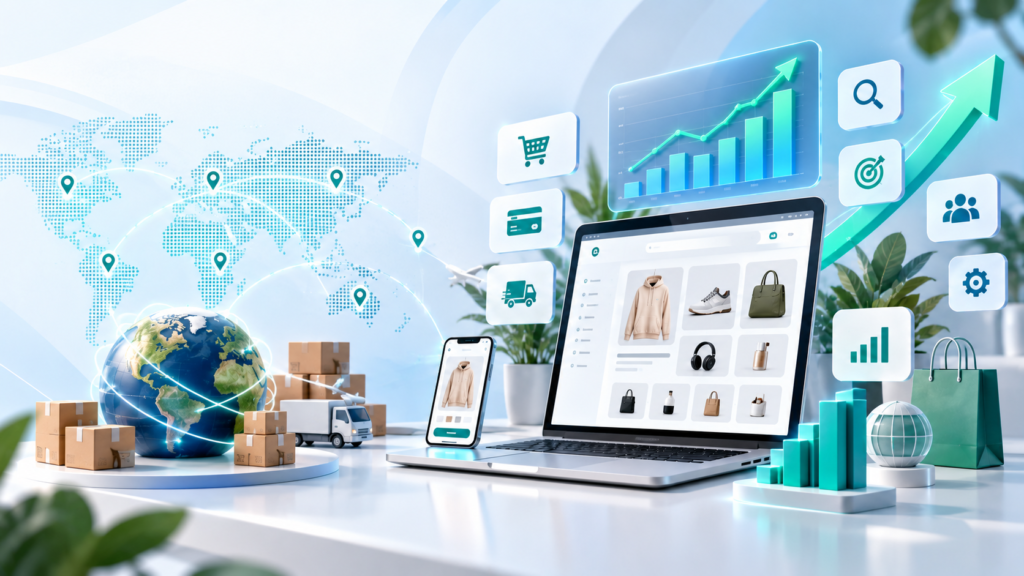 eCommerce development and global online store growth with analytics and digital commerce technology