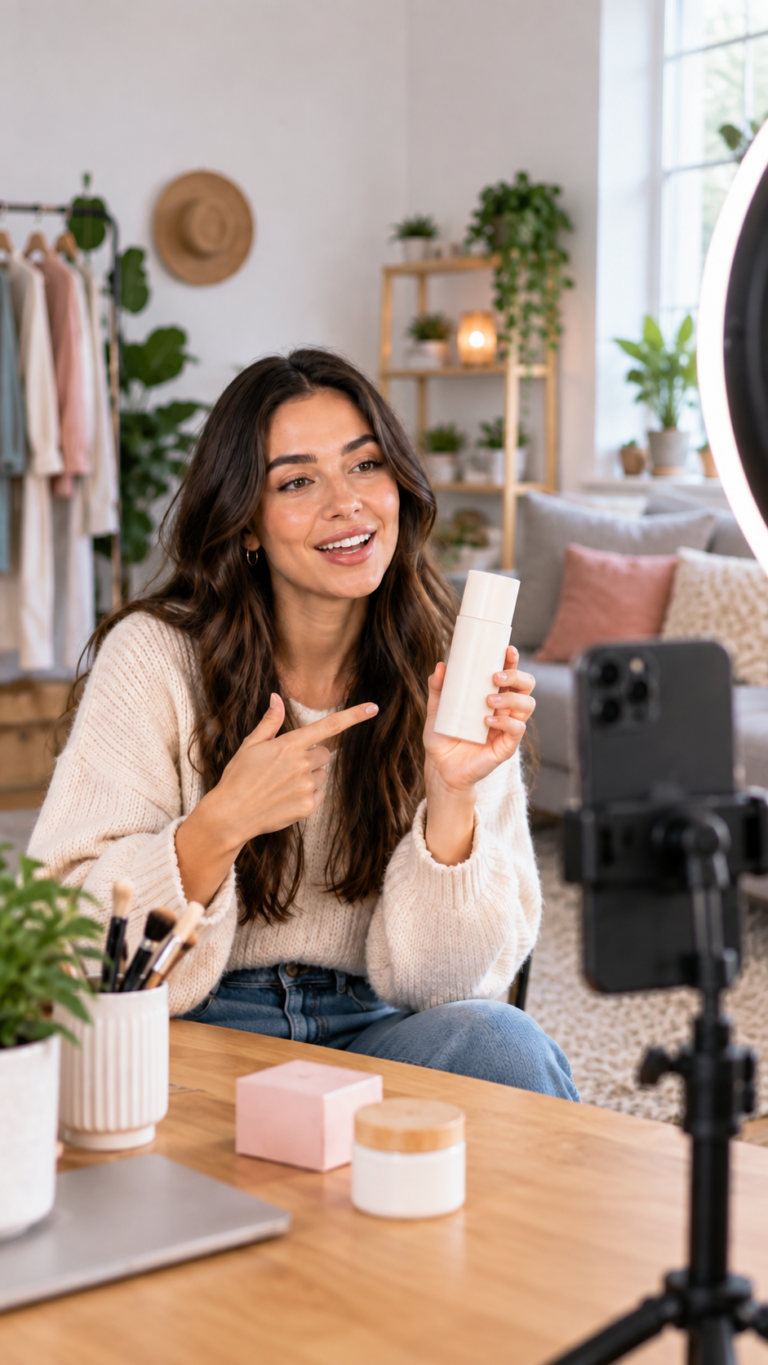 Woman presenting a skincare product to a smartphone camera in a bright home studio with a ring light, plants, and beauty tools.