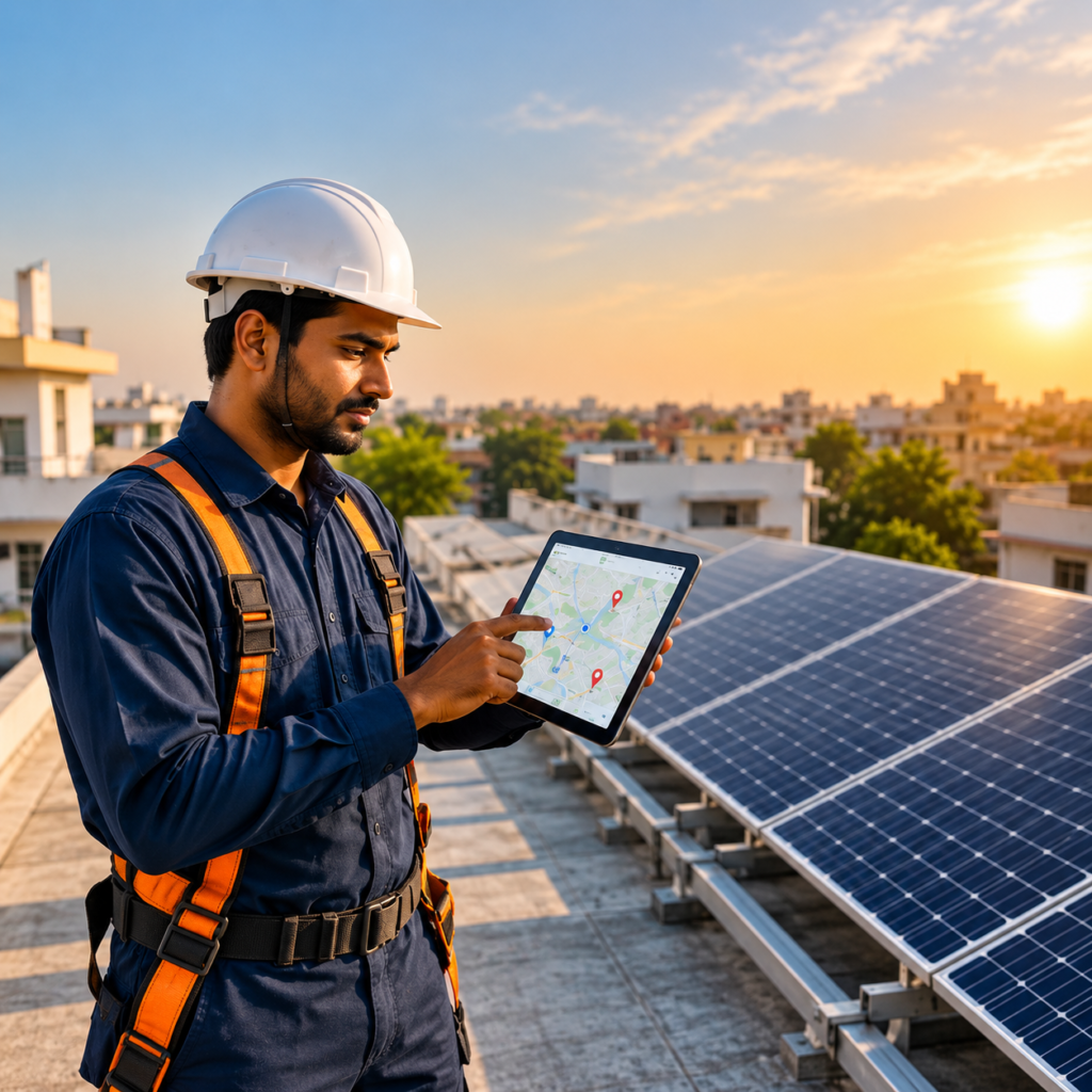 Solar engineer in a white hard hat reviews a map on a tablet beside rooftop solar panels at sunset.