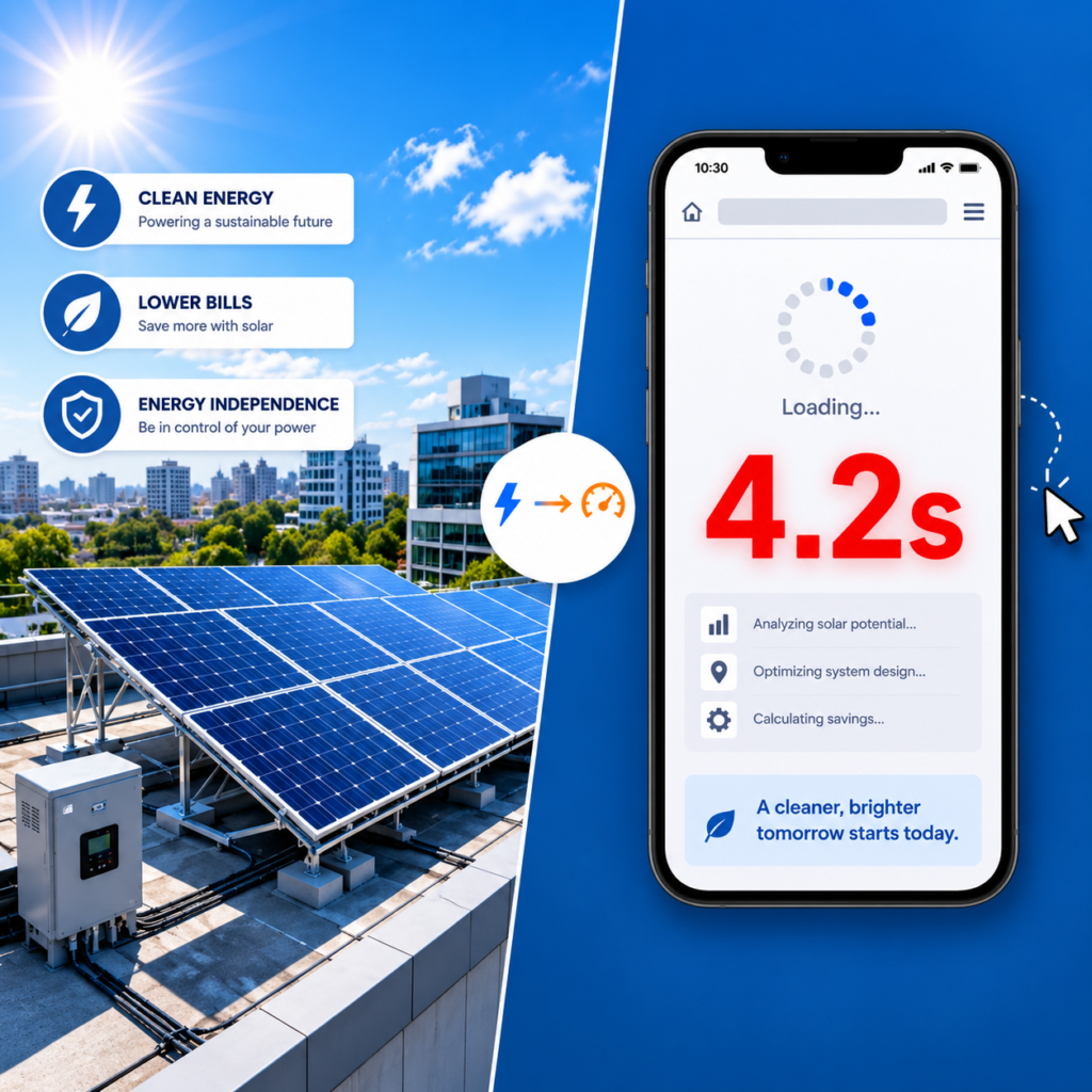 Infographic showing rooftop solar panels alongside a smartphone interface displaying a 4.2-second loading time, with benefits including clean energy, lower bills, and energy independence.