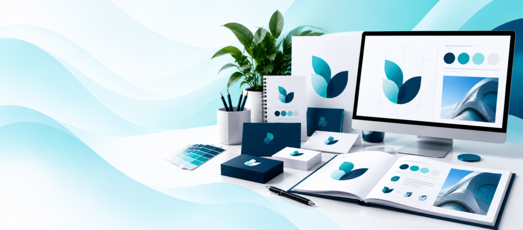 Digital content agency services banner featuring creative workspace and branding materials.