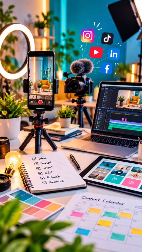Content creation workspace with camera, smartphone, laptop, and colorful social media tools