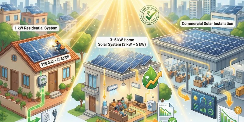 Comparison of residential and commercial solar solutions showing different goals, benefits, and target audiences